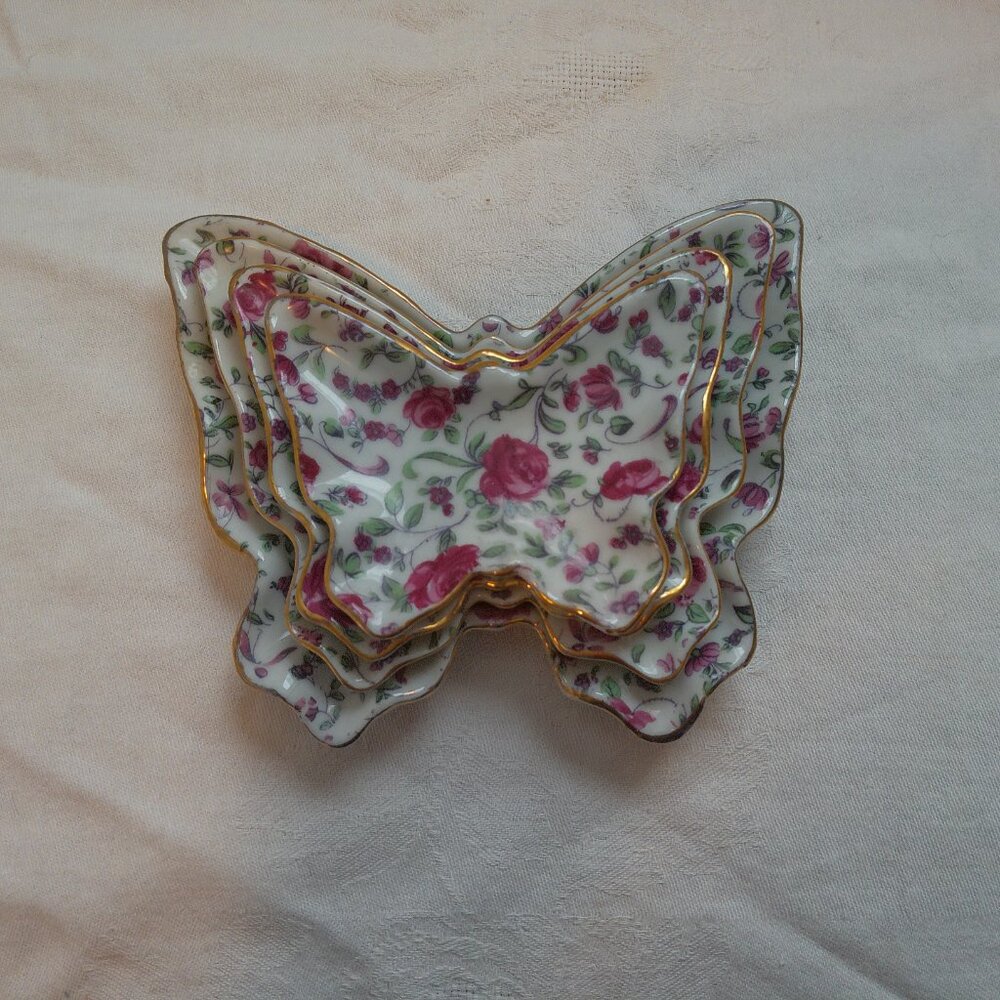 Butterfly Trays Pink Flowers Vintage Japan Set of 4 - 5 3/4" - 3 1/2"
